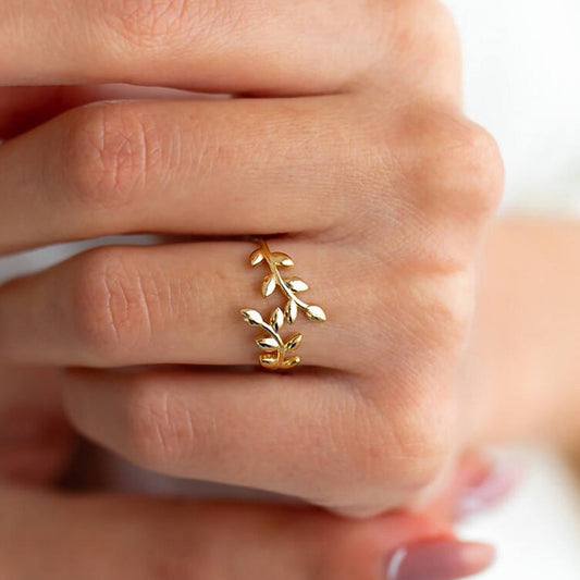 gold adjustable leave ring for her